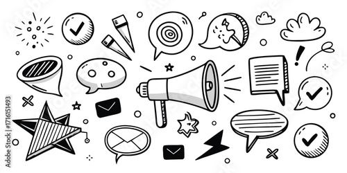 Hand-drawn communication icons featuring megaphone speech bubbles and stars for social media campaigns