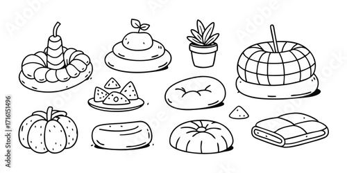 Collection of hand-drawn festival elements food decorations and objects sketch