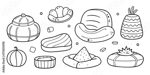 Collection of decorative hand drawn festival elements featuring gourds and hats