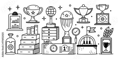 Collection of award trophies and winning symbols celebrating achievement and victory
