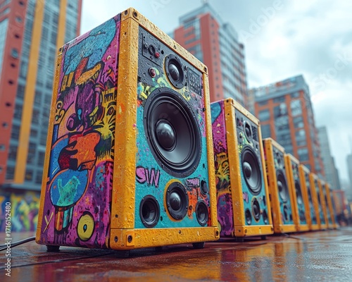 Colorful speakers lined up on a wet city street
