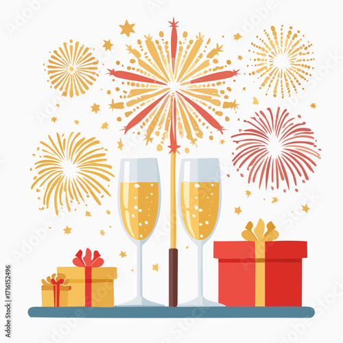 New Year's Eve Celebration Fireworks, Champagne, and Gifts - A Festive Vector Illustration