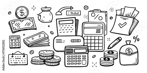 Financial instruments and calculations hand drawn sketch collection for banking and finance