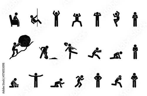 stick figure people pictogram, set of human silhouettes, man icon, various poses, gestures and movements	
