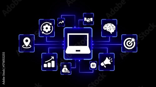 Wallpaper Mural Digital business strategy icons connected to a central laptop with glowing blue lines Keywords: business, strategy, icons, laptop, computer, technology, marketing, AI Torontodigital.ca