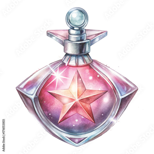 A watercolor illustration of a luxury pink crystal perfume bottle clipart watercolor 