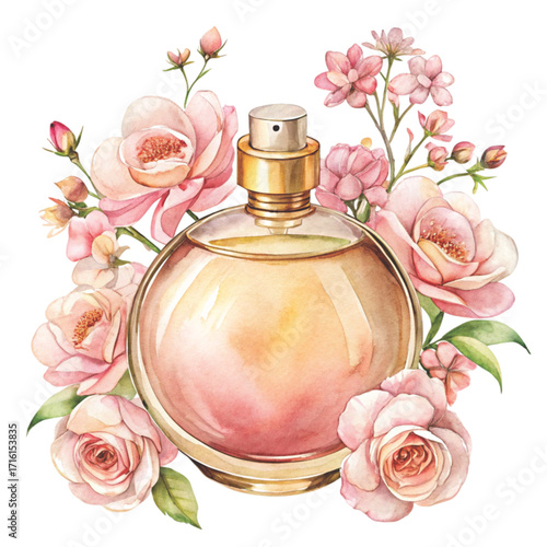 A watercolor illustration of a luxury pink crystal perfume bottle clipart watercolor 