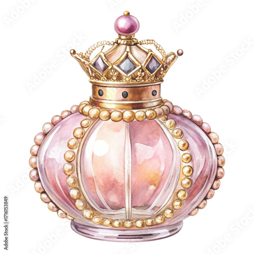 A watercolor illustration of a luxury pink crystal perfume bottle clipart watercolor 