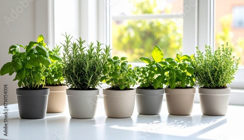 Fresh aromatic herbs growing in small pots on a sunlit kitchen windowsill, ready for cooking and seasoning