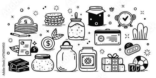 Finance and banking icon set featuring money jars time clock and gift boxes for digital assets
