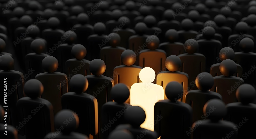 Obraz premium Golden Glowing Individual Among Gray Crowd Illustration