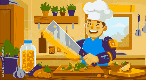 Happy Chef Cooking in Kitchen A Delightful Culinary Illustration