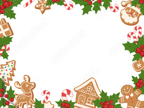 Christmas cartoon gingerbread frame template. Festive frame with gingerbread men, reindeer, Santa, Christmas tree and candy canes. For greeting cards, invitations, posters, and seasonal projects.