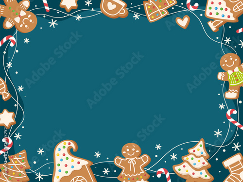 Cartoon Christmas frame with gingerbread men, houses and candy canes. Blue background with snow. Decoration for greeting cards, invitations, posters, and seasonal projects.