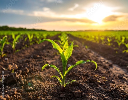 Young corn sprouts emerge from fertile soil at sunset