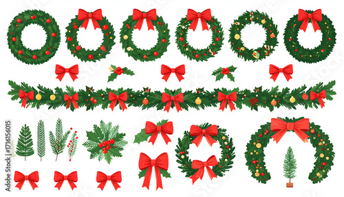 A collection of festive christmas decorations including wreaths, garlands, bows, and pine trees