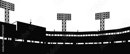 Black and white stadium silhouette, modern sports arena illustration, floodlight towers design, architectural landmark, vector art, isolated minimal style, multi‑tier seating exterior view