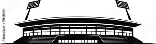 Black and white stadium silhouette, modern sports arena illustration, floodlight towers design, architectural landmark, vector art, isolated minimal style, stepped entrance exterior view