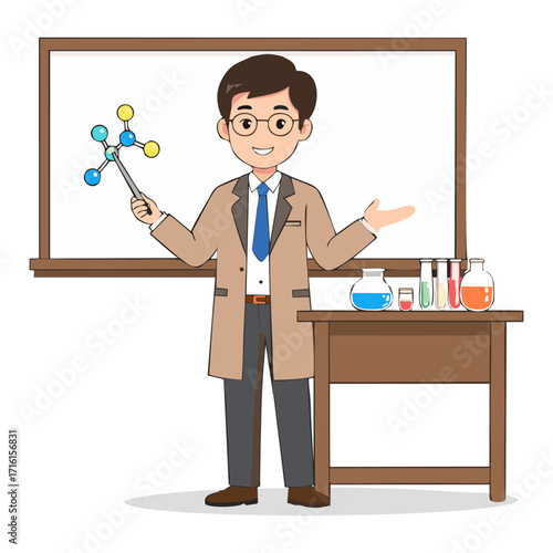 Cartoon of a chemistry teacher explaining a molecule in front of a whiteboard.