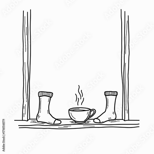 Cozy socks on windowsill with steaming cup of tea or coffee  