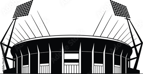 Black and white stadium silhouette, modern sports arena illustration, football soccer venue, architectural design, event stadium graphic, vector art, isolated background, lighting towers