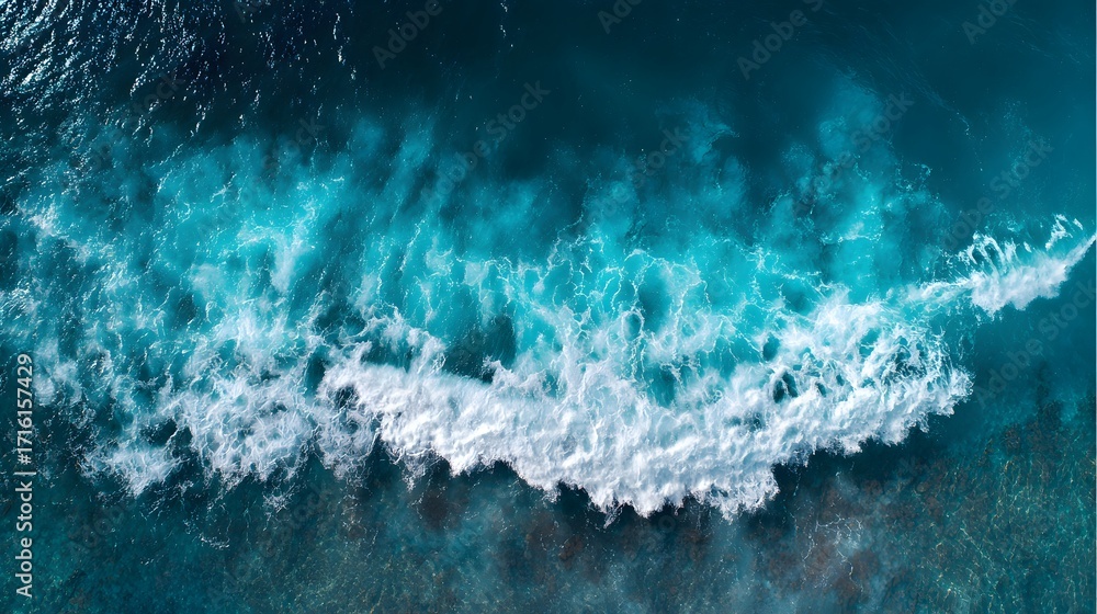 Fototapeta premium Aerial view of ocean waves crashing on the shore, showcasing vibrant turquoise and white foam
