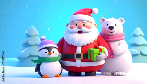 A charming 3d illustration of santa claus with a penguin and a polar bear, celebrating christmas in a snowy forest