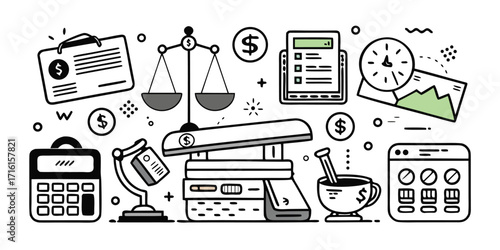 Financial icons collage calculator balance scale credit cards mortar pestle clock chart