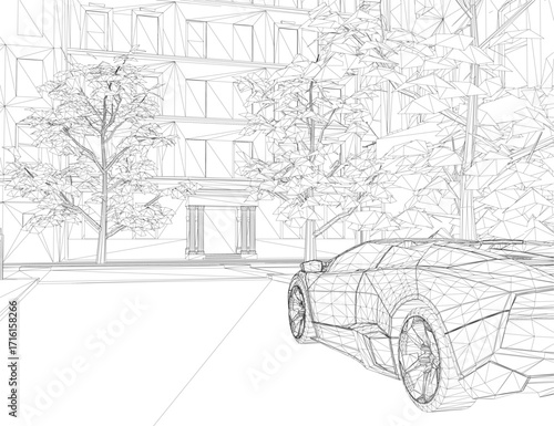 A sleek black and white wireframe car is parked on a city road in front of a two-story building with tall trees in the background.