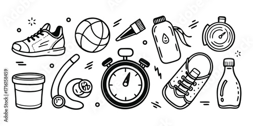 Collection of fitness and gym equipment sketches including a basketball shoes and stopwatch