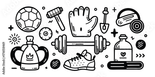 Fitness and gym equipment collection featuring dumbbell soccer ball shoe glove and more