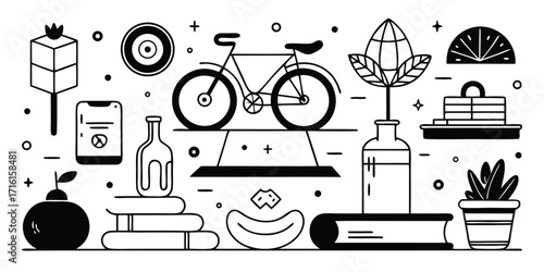 Charming hand-drawn elements collection bicycle plants books and more lifestyle icons