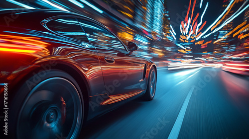 Red car speeding down city street at night with blurred lights