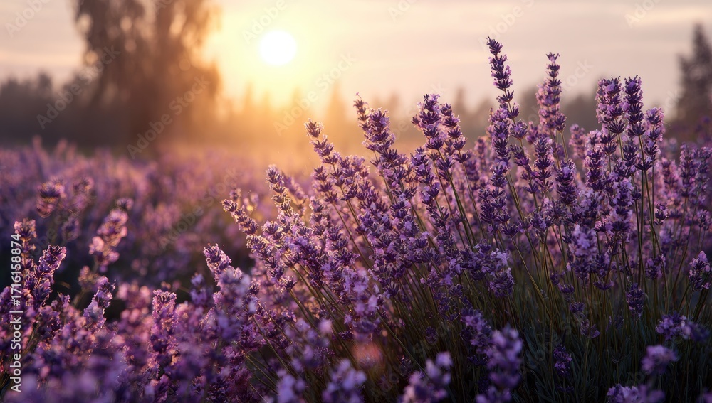 Fototapeta premium Sunlit lavender field at dawn, misty ambiance, purple blooms, golden sunlight filtering through