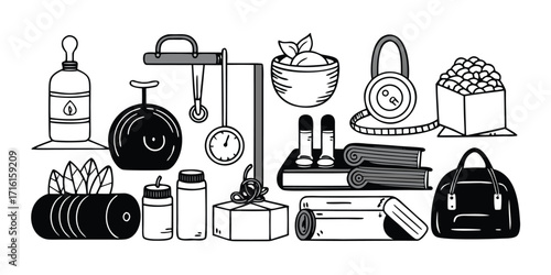 Fitness and gym equipment collection various sports accessories and gear for workout training and exercise