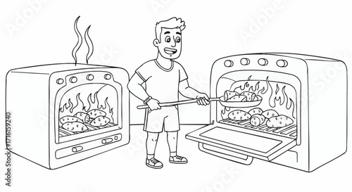 Man Baking Food in Two Ovens A Black and White Illustration Depicting Cooking Process