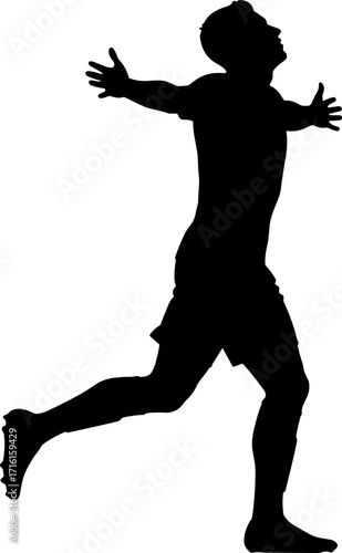 Football player celebrating with arms wide, running silhouette
