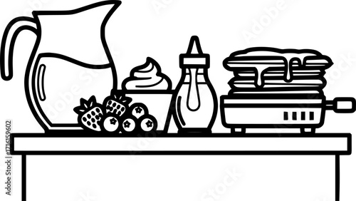 Waffle stand with batter pitcher and toppings outline icon vector
