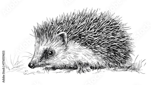 A detailed black and white illustration of a hedgehog with spiky quills, lying on the ground