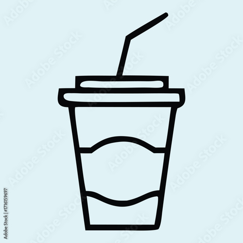 Minimalist vector graphic depicting a common soda or coffee cup, complete with a sipping straw, suitable for web design and print media as an adaptable symbol