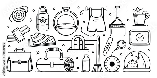 Hand-drawn collection of fitness and gym equipment for a healthy lifestyle