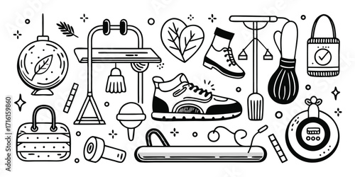 Fitness gym sports equipment collage dynamic hand drawn line art style lively composition