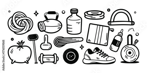 Fitness doodle elements featuring gym equipment workout gear and accessories hand drawn style