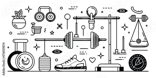Dynamic fitness collage gym equipment sports gear and health icons