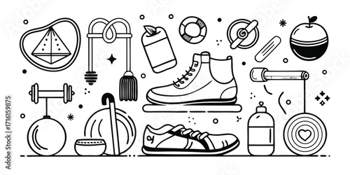 Collection of fitness and sports equipment icons for healthy lifestyle activities