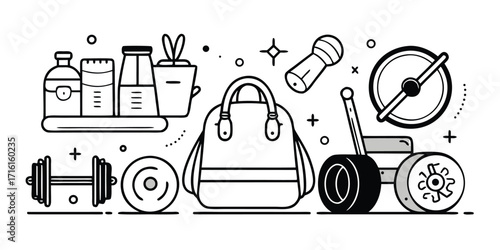 Fitness gym equipment hand drawn style objects collection for workout and sports enthusiasts