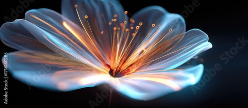 Glowing ethereal flower with translucent petals, vibrant orange center, and dark background