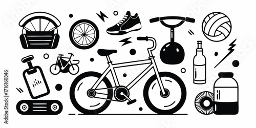 Fitness and cycling gear collage bicycle helmet shoes ball bottle supplements sports equipment