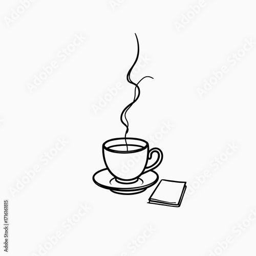 Simple line drawing of a steaming tea cup with teabag on saucer  
