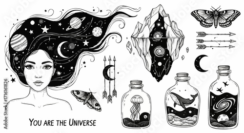 A collection of whimsical, black and white illustrations featuring a woman with cosmic hair, icebergs, celestial bodies, and mystical creatures.